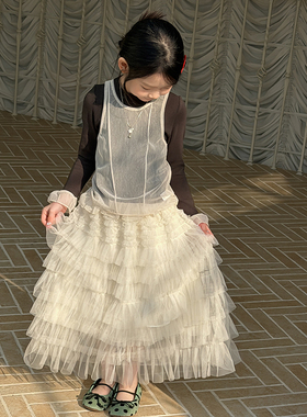 Yumi妈女童仙气网纱罩衫背心+拼接花边儿童打底衫叠穿上衣26A086