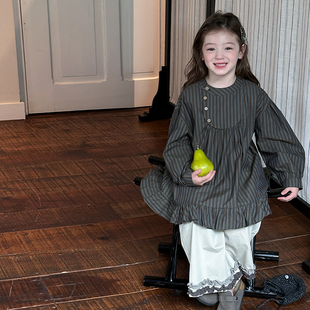 Yumi妈女童荷叶边条纹衬衫 25F023 上衣儿童氛围感洋气娃娃衫