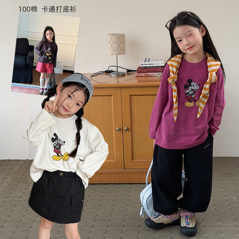 Yumi妈儿童2026春款女童高品质洗褪做旧长袖T恤卡通打底衫26A013