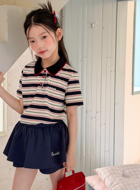 Yumi妈2026儿童夏日女童休闲翻领T恤撞色条纹POLO衫短袖26B336