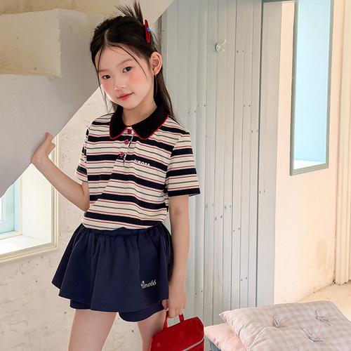 女童夏季撞色条纹短袖POLO衫