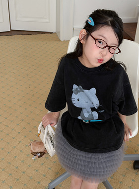 Yumi妈女童时髦洗褪工艺宽松半袖儿童韩版可爱猫咪短袖T恤26A236
