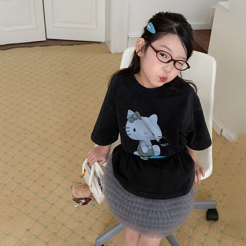 女童春季洗褪工艺猫咪短袖T恤