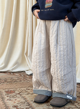 Yumi妈男女童加厚宽松直筒保暖棉裤冬装儿童格子翻边长裤25H074