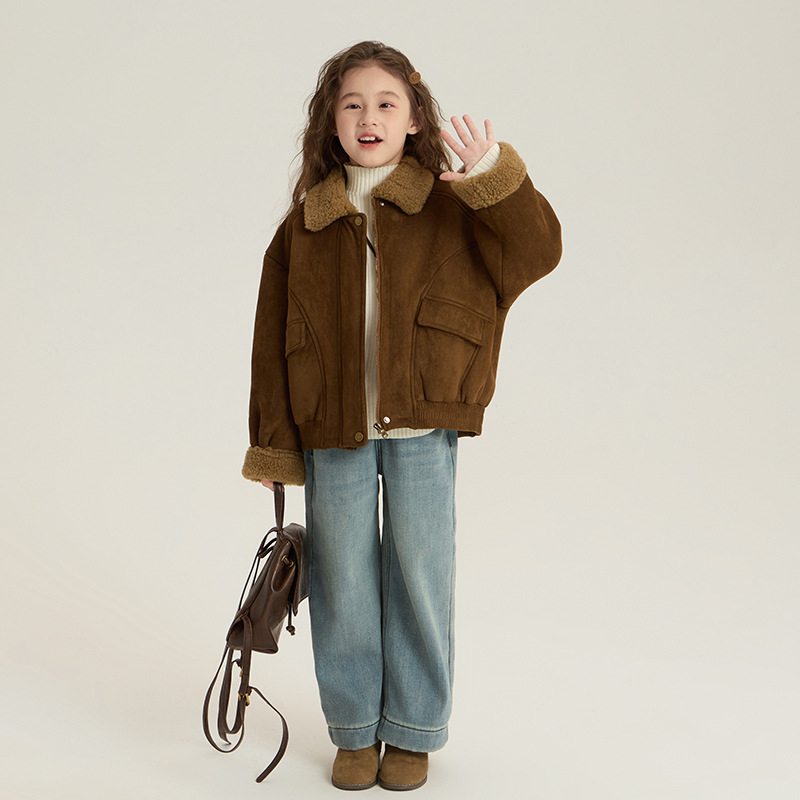 Yumi妈冬装女童皮毛一体机车外套