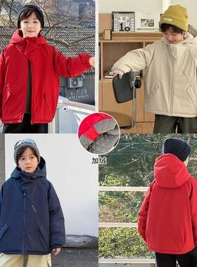 Yumi妈儿童冬款防风保暖连帽夹棉冲锋衣男女童新年红棉服25M118