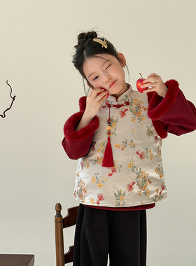 Yumi妈冬季女童年款儿童锦鲤送福新中式旗袍盘扣加绒马甲25M009