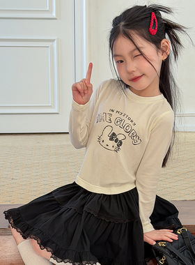 Yumi妈女童轻薄猫咪图案儿童打底衫防晒长袖短款修身上衣26A073