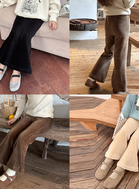 Yumi妈 女童秋装洋气百搭修身儿童纯色坑条天鹅绒喇叭裤24X022