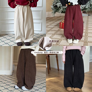 Yumi妈女童冬季年服儿童加厚加绒锁温休闲灯芯绒弯刀裤25K071