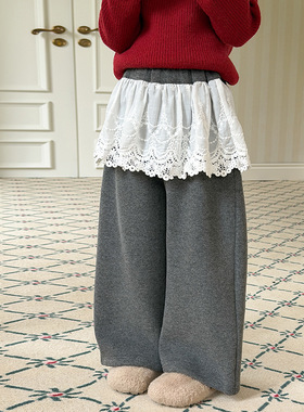 Yumi妈女童冬季两件直筒裤儿童加绒拼接蕾丝屁帘休闲裤潮25M031