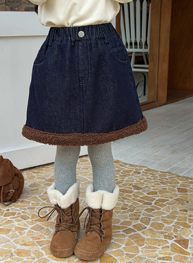 Yumi妈儿童冬季加厚A字短裙女童复合180克奥粒绒牛仔半身裙25K009