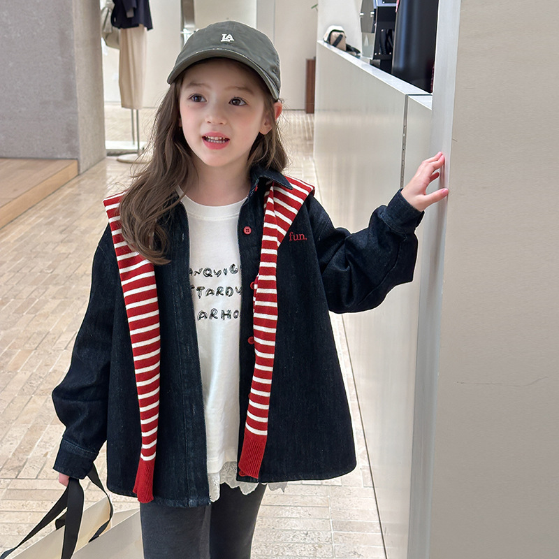 Yumi妈男女童秋季韩版宽松牛仔外套儿童刺绣字母翻领衬衫25G053