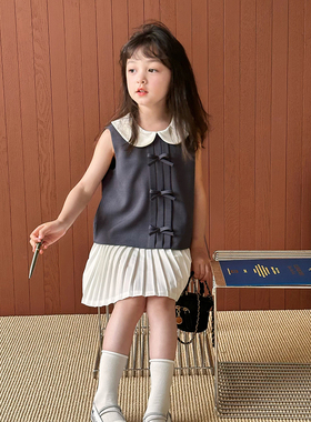 Yumi妈  夏季韩版学院风蝴蝶结可爱娃娃领无袖上衣    25E048