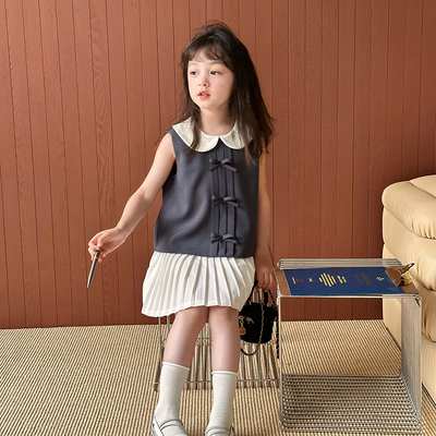 女童学院风蝴蝶结娃娃领无袖上衣