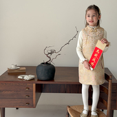 Yumi妈国风女童新中式 缎面桁棉背心裙儿童拜年背心旗袍裙冬25M083