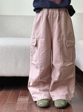 Yumi妈女童秋装水洗棉口袋帅气脚可收口儿童拼接工装裤25F015