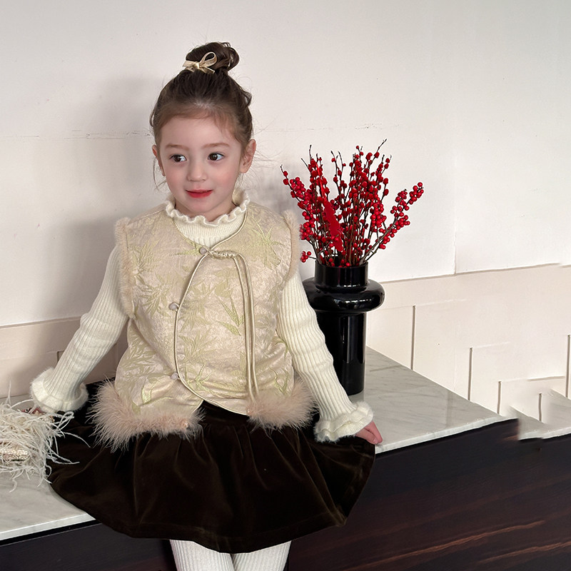女童中国风缎面提花加厚背心冬儿童新中式旗袍马甲拜年服 24B023
