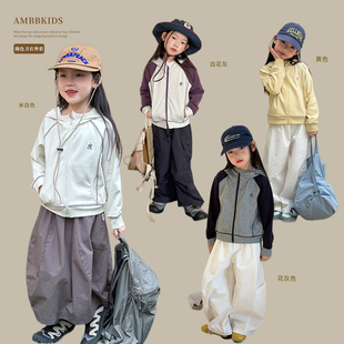 Yumi妈儿童短款个性明线拼接撞色上衣女童韩版连帽卫衣外套26A044