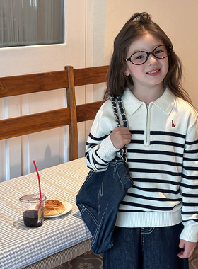 Yumi妈   女童宝宝秋装韩版休闲儿童撞色条纹翻领拉链毛衣25F080