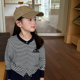 Yumi妈女童秋装短款字母针织衫儿童撞色条纹开衫毛衣外套25F083