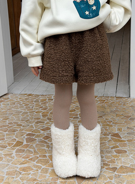 Yumi妈2025冬季三分毛绒热裤女童休闲软萌保暖可爱毛毛短裤25H092