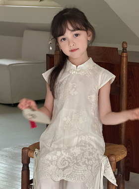 Yumi妈 儿童汉服裙女童假两件中式国风天丝绣花旗袍连衣裙25E019