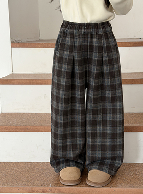 Yumi妈冬季新品女童裤子潮儿童保暖休闲时髦加厚直筒格子裤25K049