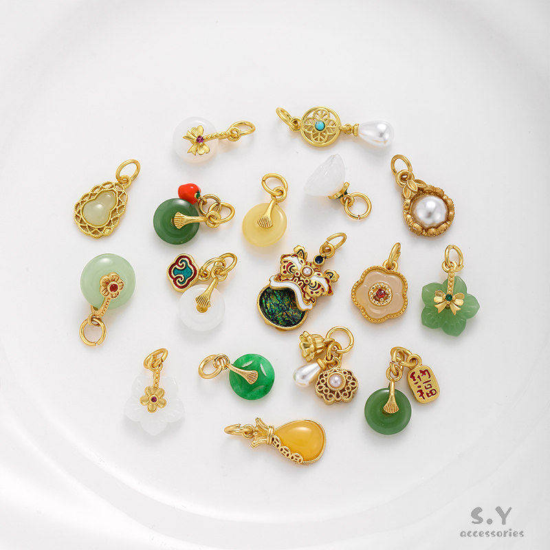 保色18K哑金仿莲蓬玉葫芦小花玉吊坠手工diy手链项链饰品挂件材料