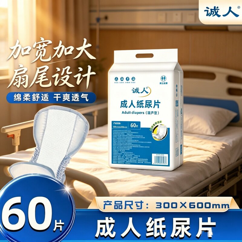 [葫芦型扇尾防漏]诚人成人纸尿片60片加宽加大绵柔透气干爽强吸收