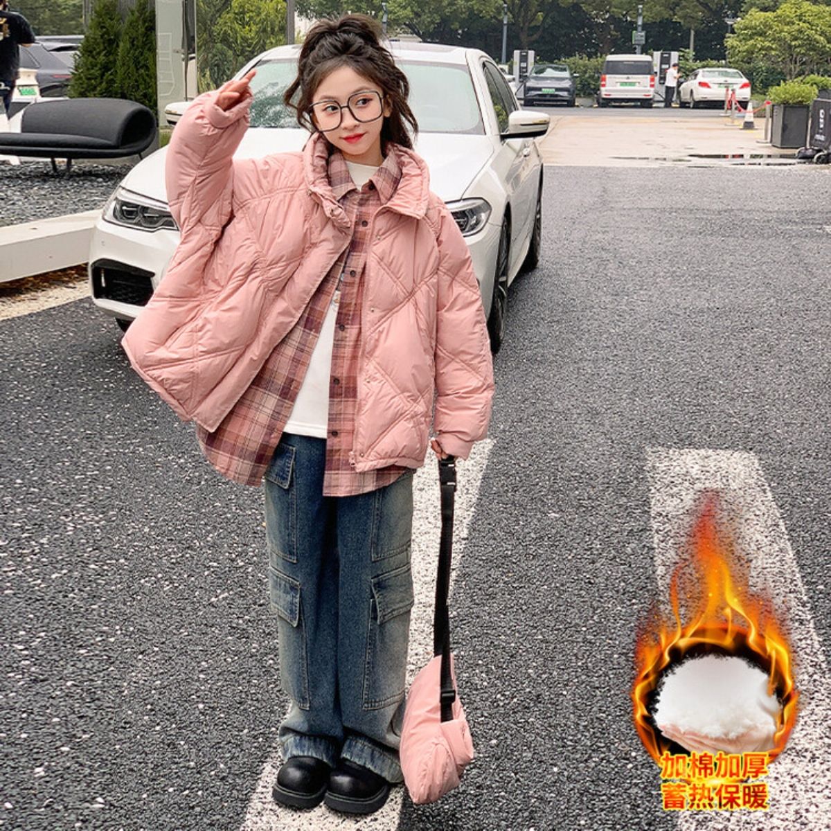 女童短款羽绒棉服2024新款中大童冬季加厚外套蝙蝠袖棉衣加棉冬装