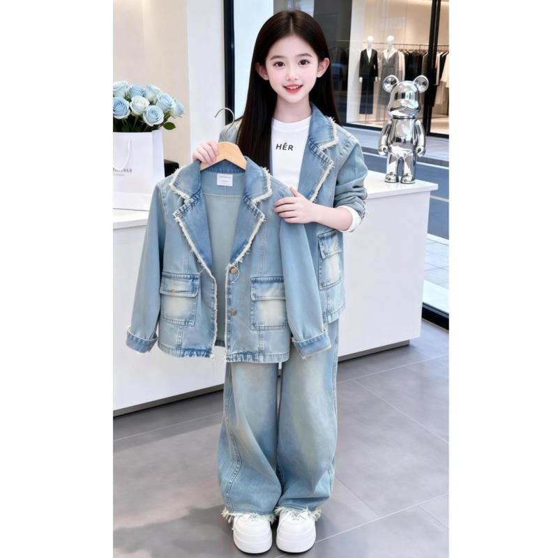 女童2026新款春秋季韩版时尚休闲款毛边西装牛仔外套直筒裤套装潮