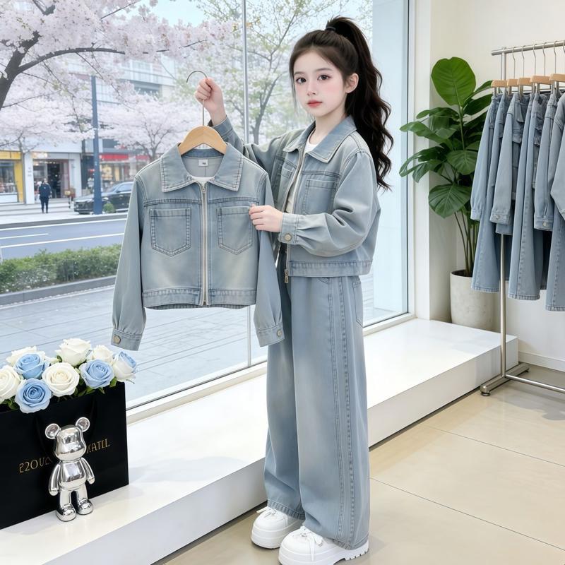 女童2026新款春秋季韩版时尚拉链牛仔外套洋气直筒牛仔裤套装潮酷