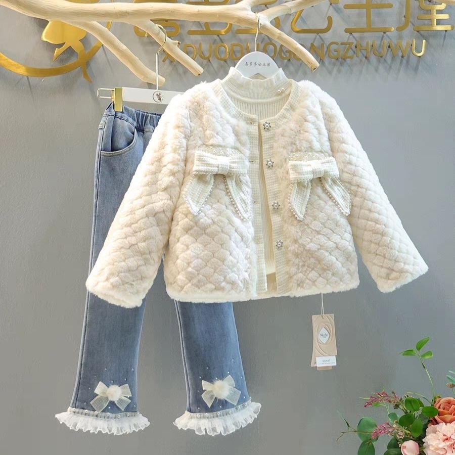 女童加棉冬季套装外套新款中大童名媛风皮毛一体加绒牛仔裤两件套