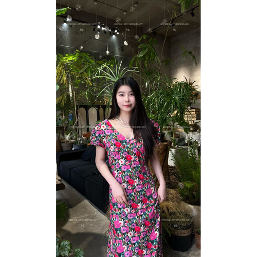 【风情万种】HL棉绸夏季V领气质女神宽松显瘦袖复古长款连衣裙