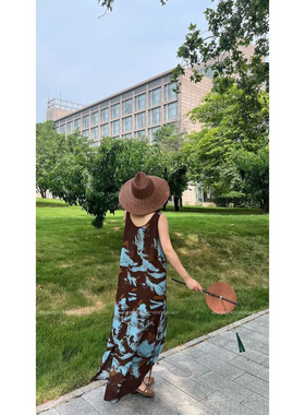 【庞贝宽肩带】HL棉绸夏季印花气质复古简型腰带后开衩宽肩吊带裙