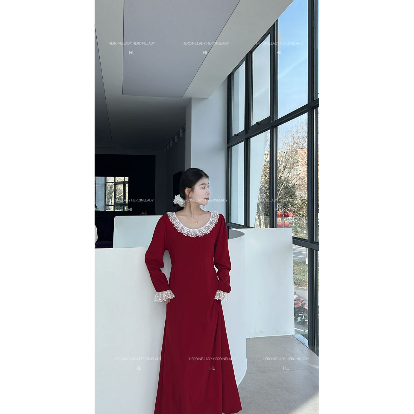 【白兰地长袖版】HL棉绸夏季圆领气质纯色法式蕾丝显瘦长款连衣裙