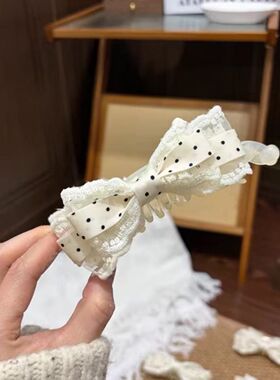 白色密齿香蕉温柔风波波点夹扎蕾丝蝴蝶结马尾好看后脑勺发饰