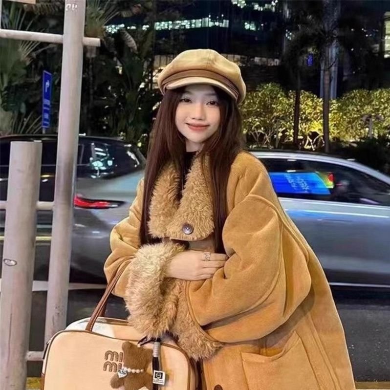 羊羔毛两面穿皮毛一体毛毛外套女麂皮秋冬宽松机车服环保皮草加厚