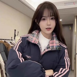 加厚短款 冬季 宽松棉衣棉袄情侣外套 条纹羽绒棉服女2024年新款 美式