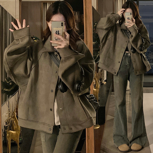 实拍美拉蓝穿搭短款 复古机车外套hiphop男女情侣外套 麂皮夹克美式