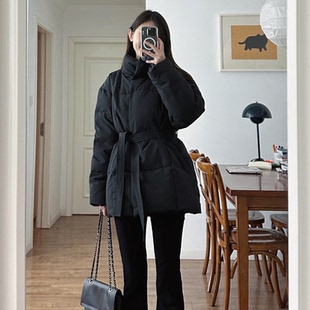 小个子棉衣 韩版 网图高级感收腰系带黑色棉服外套女2025冬季 新款