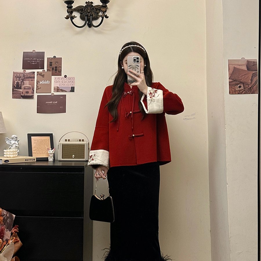 实拍2000件大码女装新中式红色过年双面呢短款大衣胖MM秋冬