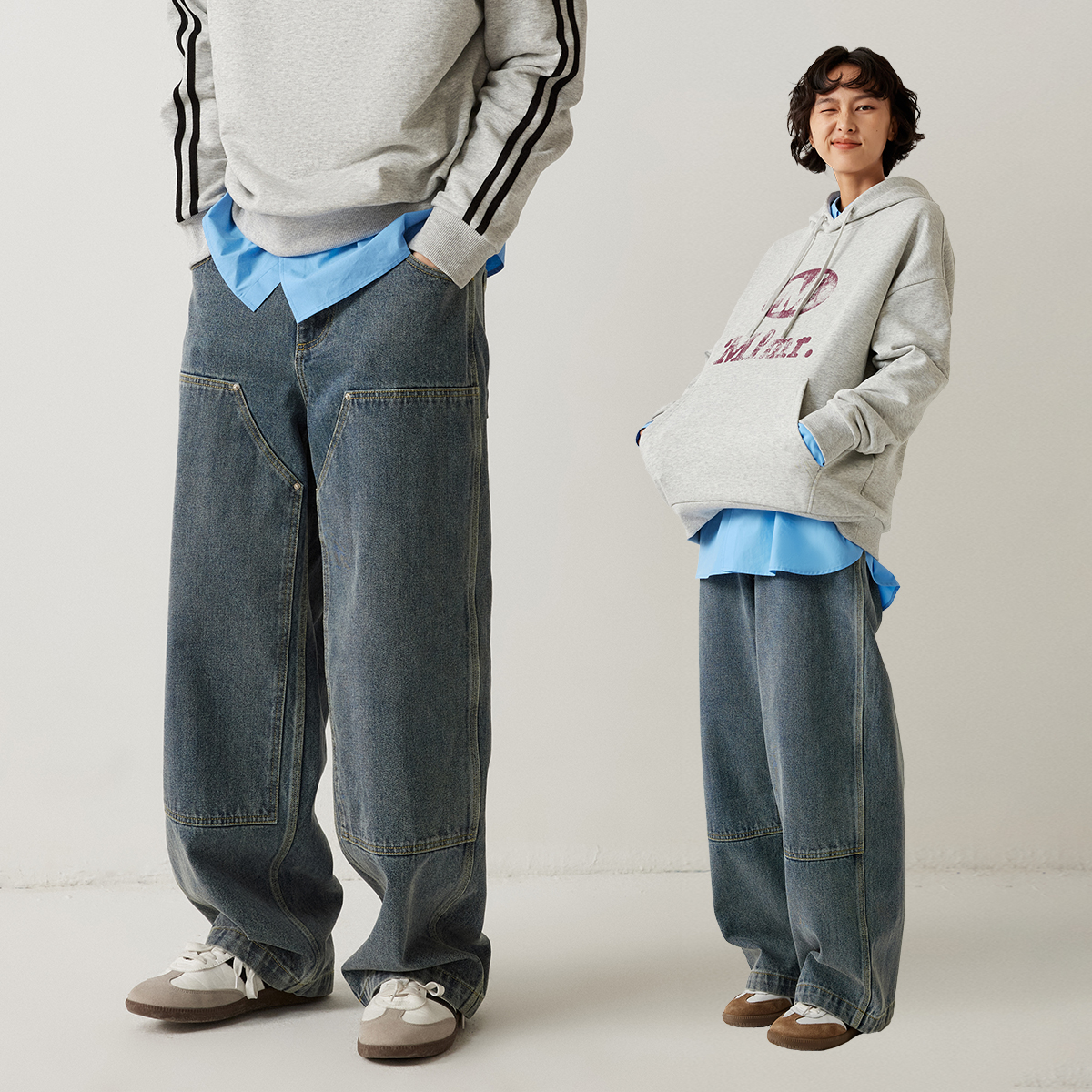 宽松工装版型；松紧腰头