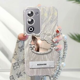 适用oppoa6i手机壳补妆镜子opopa6i5g保护套0pp0a61全包边opa6l防摔poopKT猫镜子手链支架高级网红新款好看女