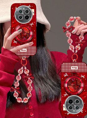 适用realmeGT5pro手机壳女RMX3888镜头全包防摔oppo真我gt5pro保护套5g本命年马pr0新年款支架手链喜庆高级红