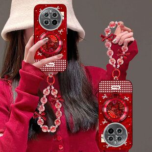 适用realmeGT5pro手机壳女RMX3888镜头全包防摔oppo真我gt5pro保护套5g本命年马pr0新年款支架手链喜庆高级红