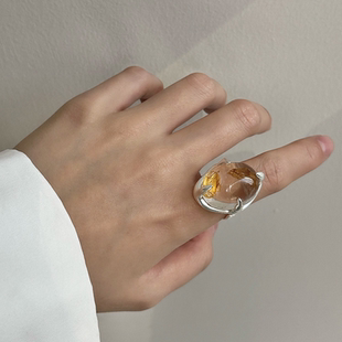 日韩风小众设计感白水晶扭爪戒指女925纯银同款简约百搭开口可调