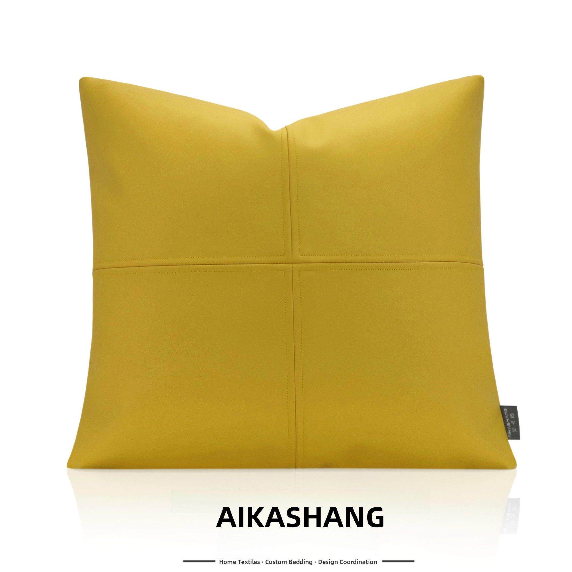 现代简约别墅样板房抱枕方枕黄色皮革靠包客厅沙发靠枕北欧风靠垫
