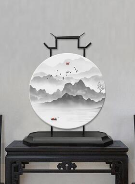 承沁陶瓷家居装饰品摆件新中式客厅博物架工艺品铁艺摆饰山水摆设